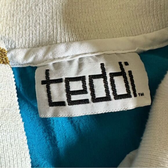 Teddi Vintage 80’s White and Teal Half Button Up Shirt with Shoulder Pads - Picture 3 of 7